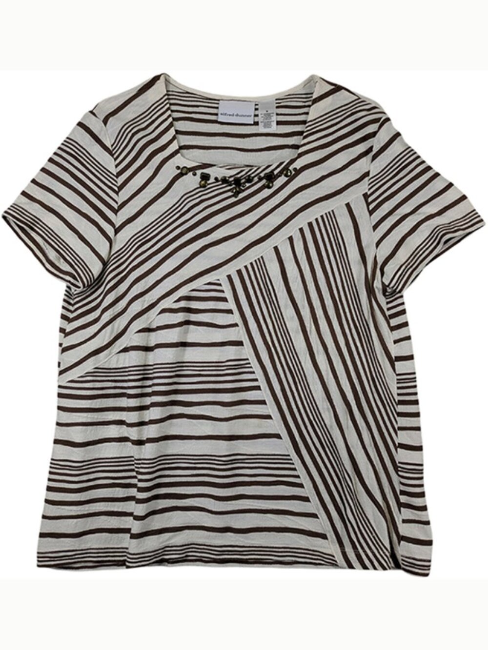 Alfred Dunner Top‎ Womens Medium Brown Geometric Stripe Embellished Pullover